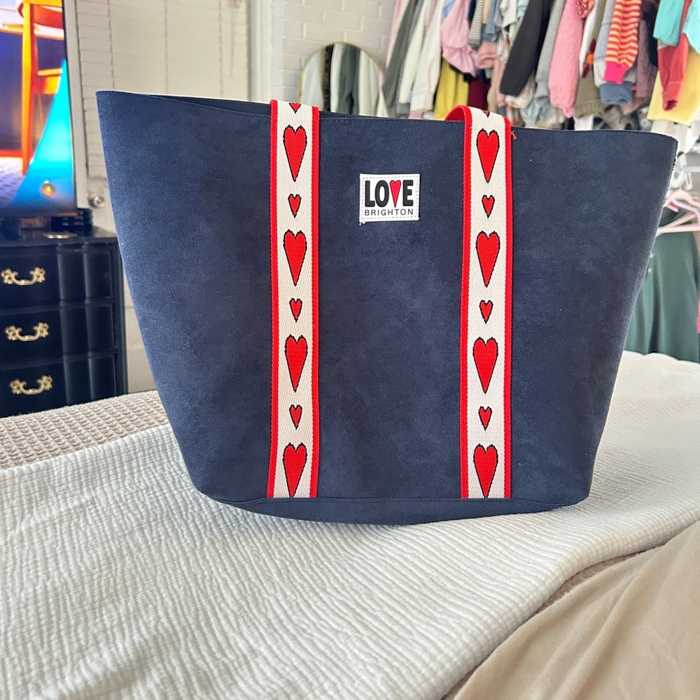 Brighton Blue Tote with Red Heart Straps